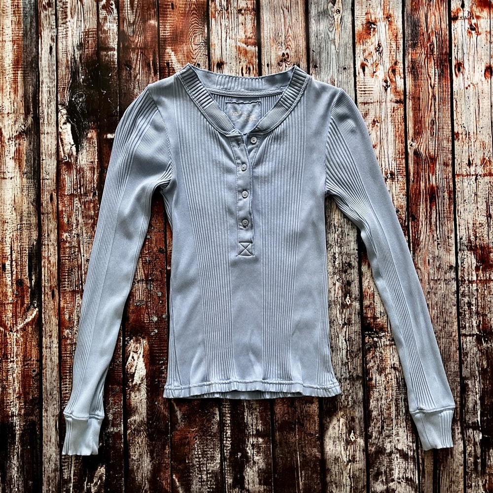 Aerie Sky Blue Ribbed Long Sleeve Henley Top